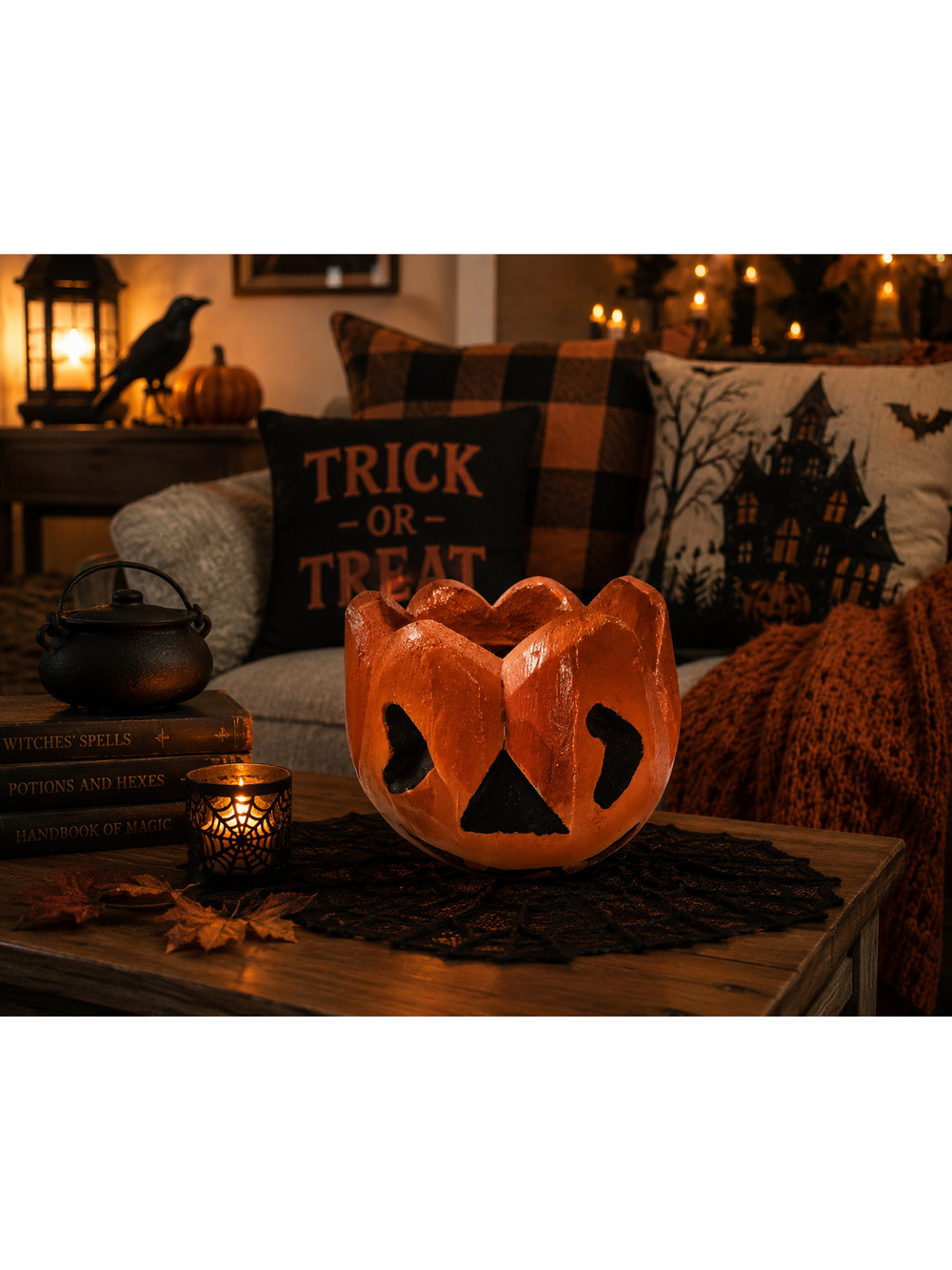 Vintage Handcrafted  Jack O Lantern Halloween Decor Rustic Pumpkin Candle Holder